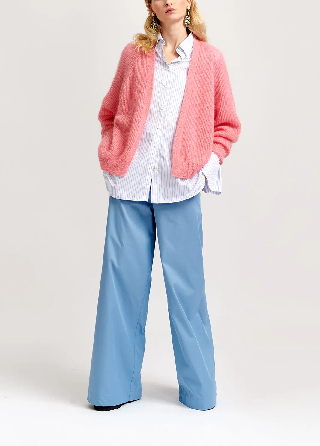 Pink mohair-blend ribbed-knit cardigan