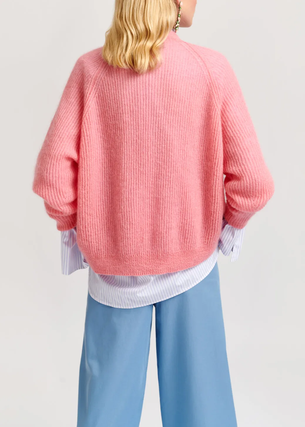 Pink mohair-blend ribbed-knit cardigan