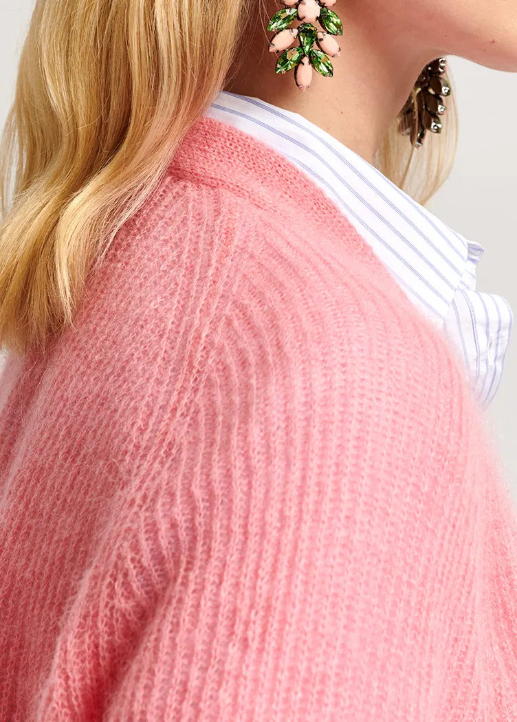 Pink mohair-blend ribbed-knit cardigan