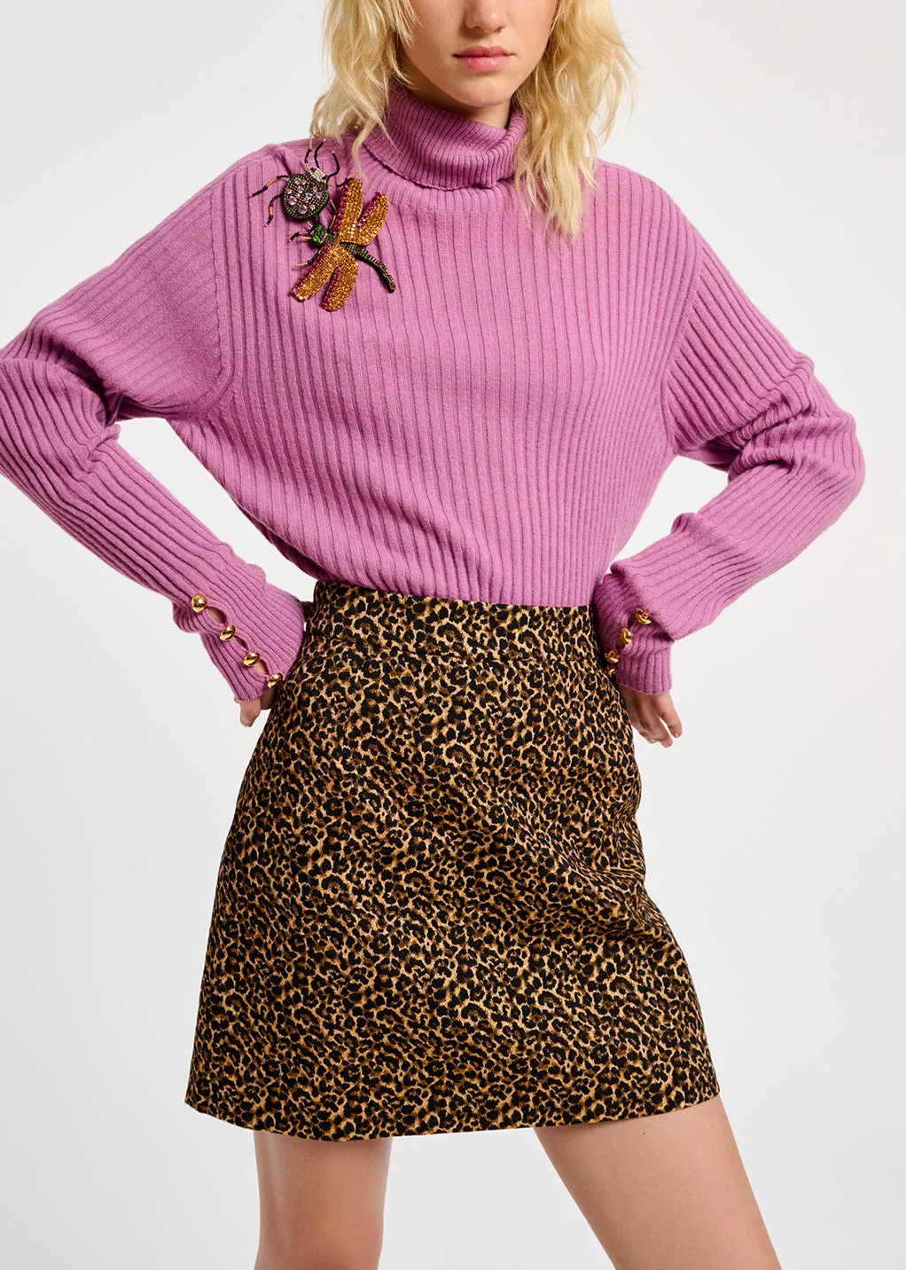 Pink rib-knitted turtleneck sweater