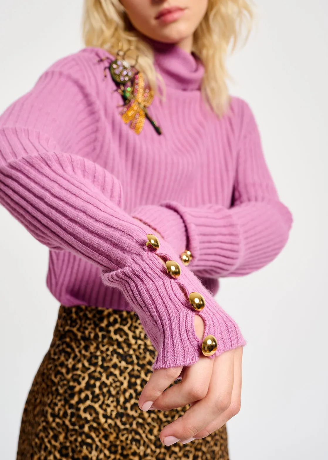 Pink rib-knitted turtleneck sweater
