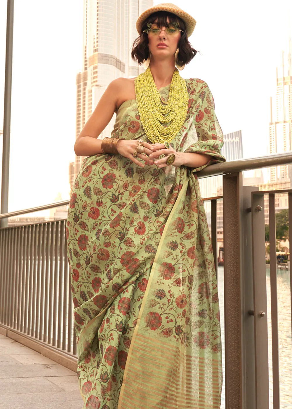 Pistachio Green Printed Tissue Banarasi Silk Saree