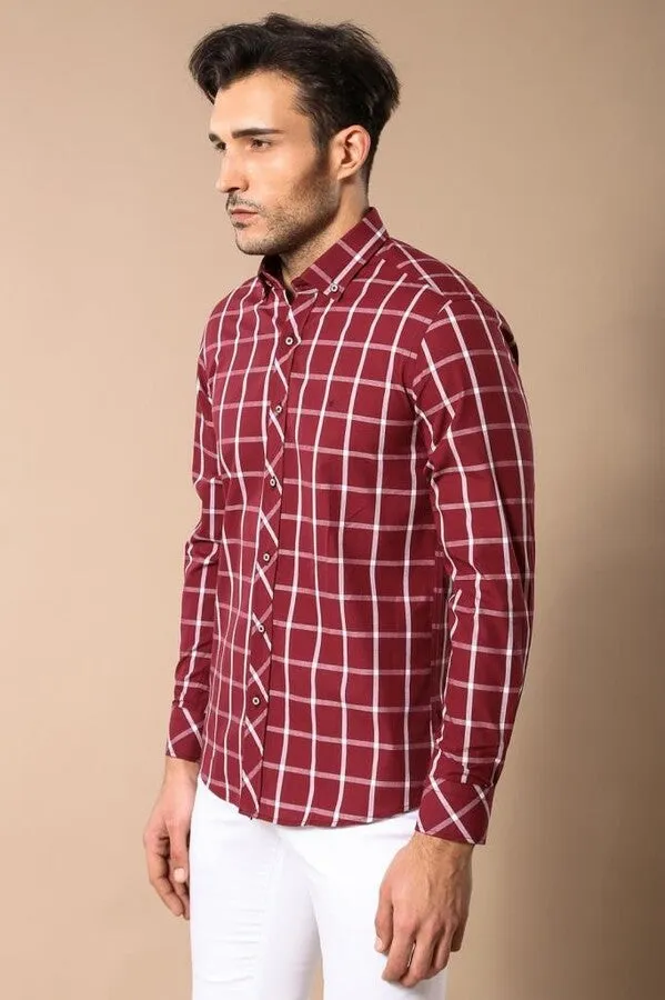 Plaid Slim Fit Burgundy Shirt - Wessi