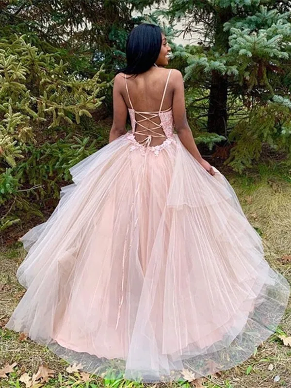 Princess V Neck Lace Appliques Pink Long Prom, V Neck Pink Lace Formal, Pink Lace Evening