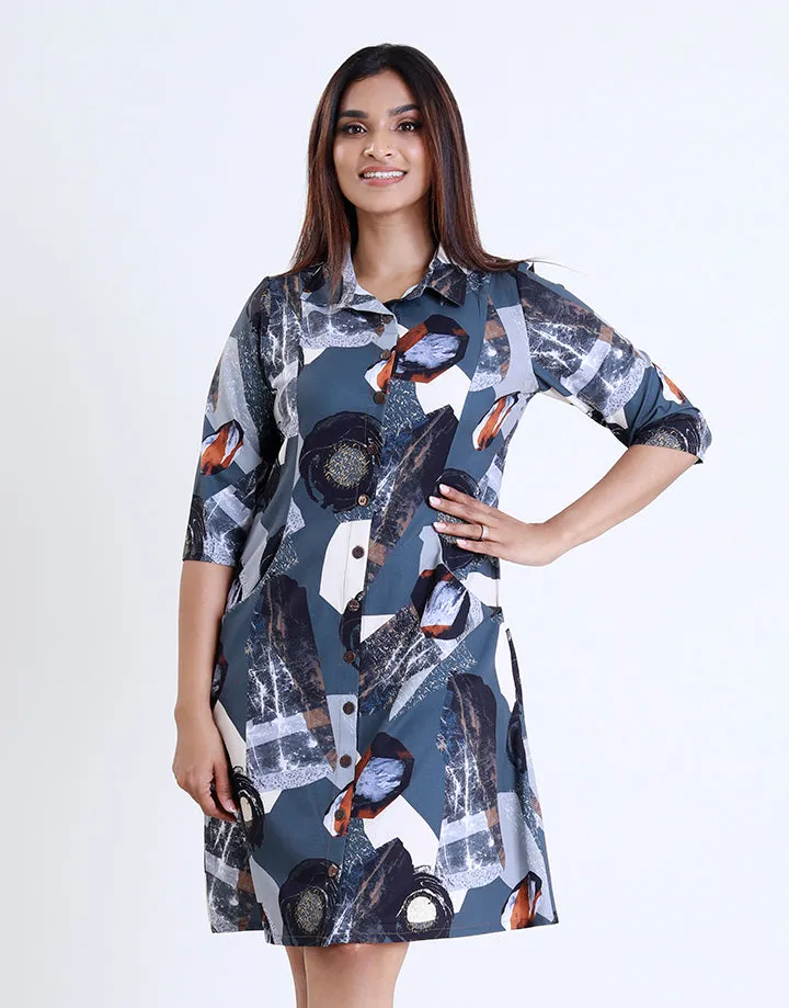 Printed Shirt Dress with Button