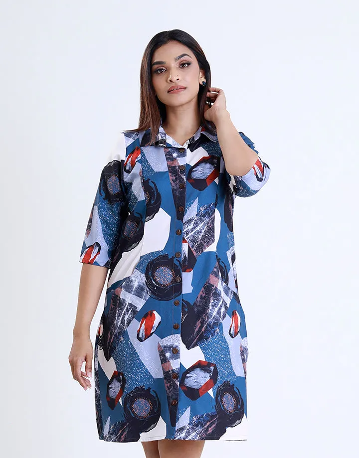 Printed Shirt Dress with Button