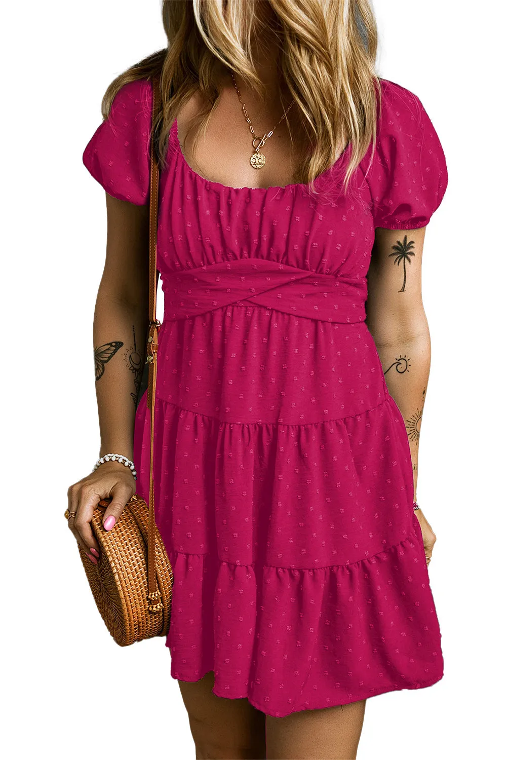 Puff Sleeve Crossover Tied Tiered Dress