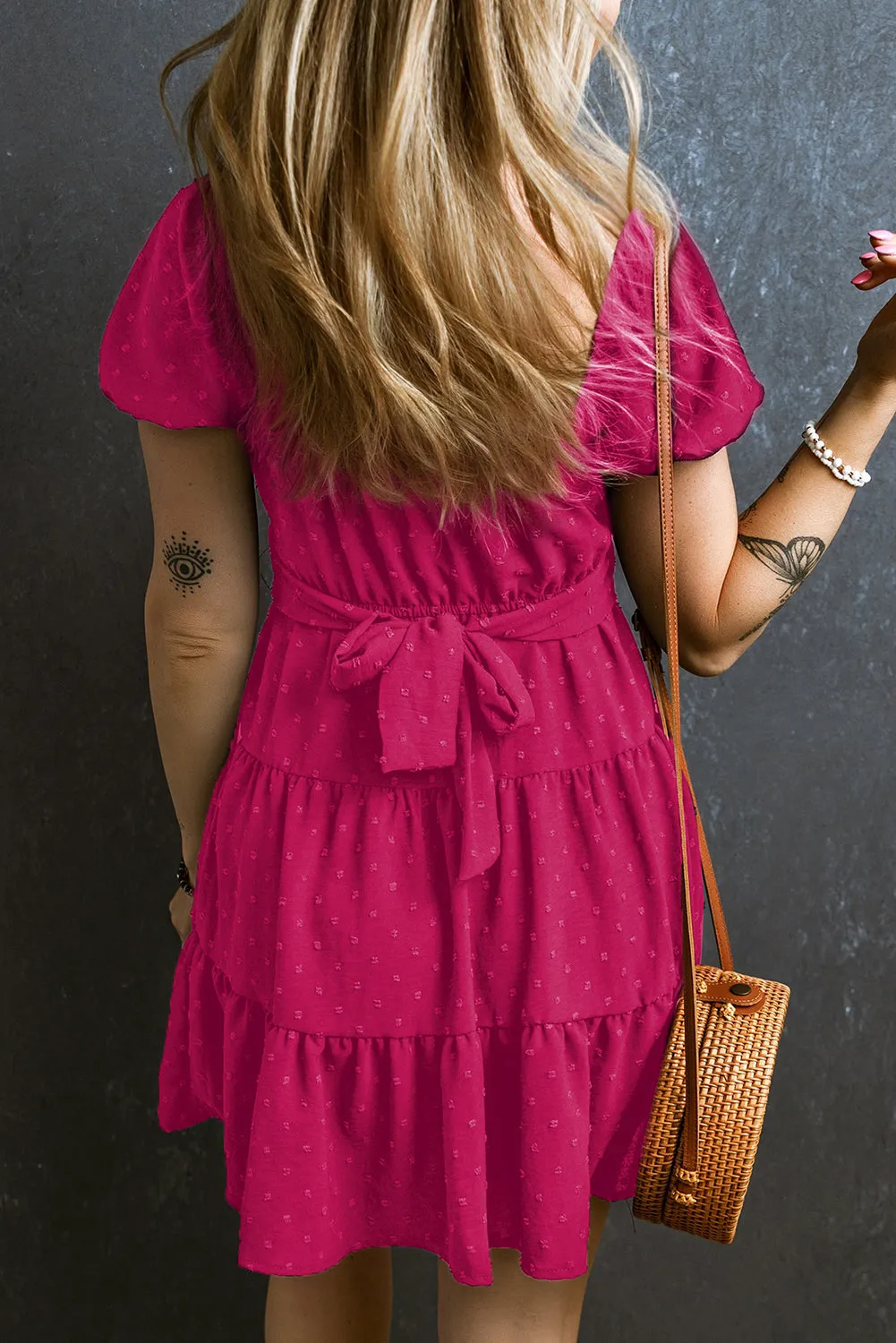 Puff Sleeve Crossover Tied Tiered Dress
