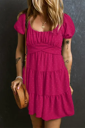 Puff Sleeve Crossover Tied Tiered Dress