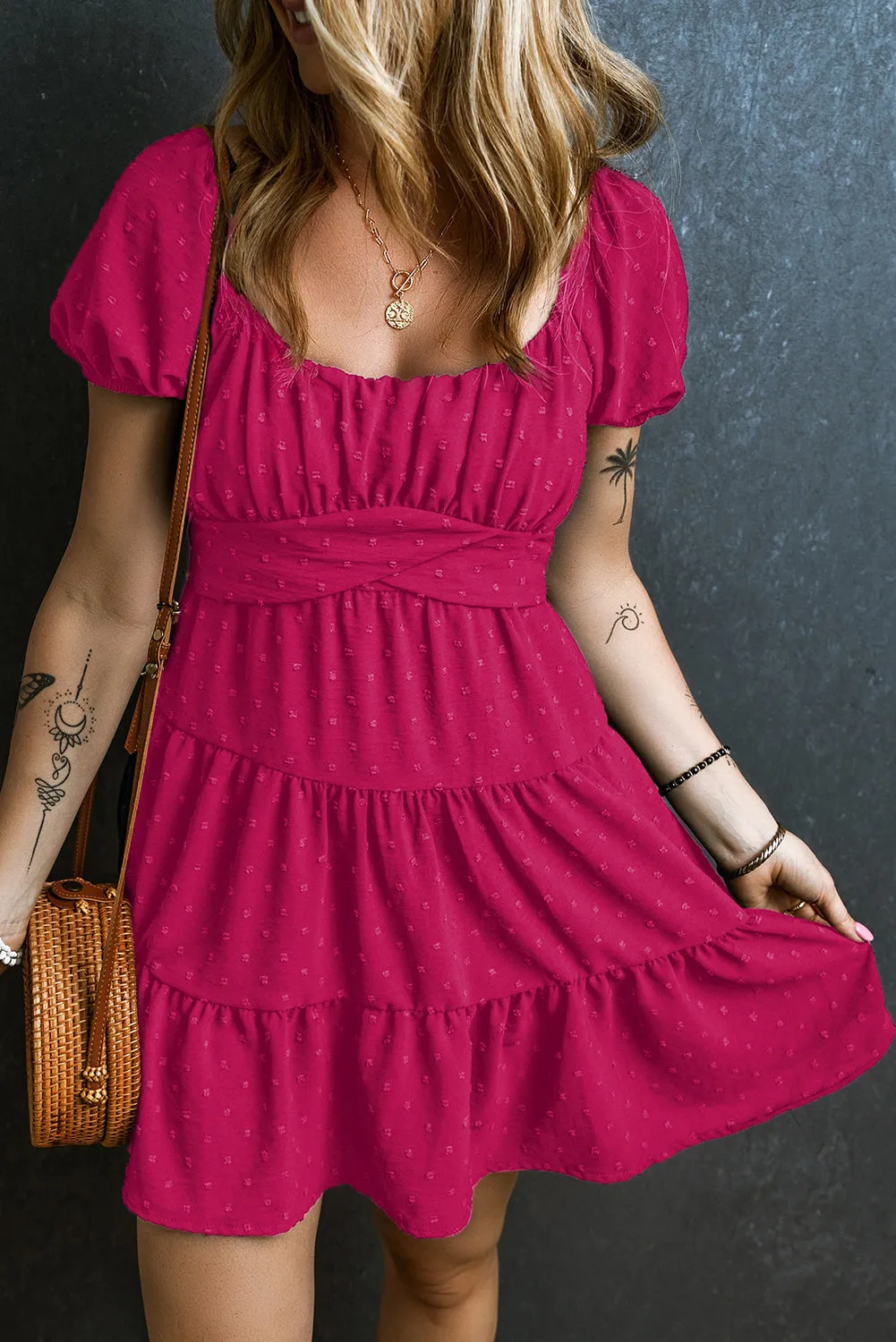 Puff Sleeve Crossover Tied Tiered Dress