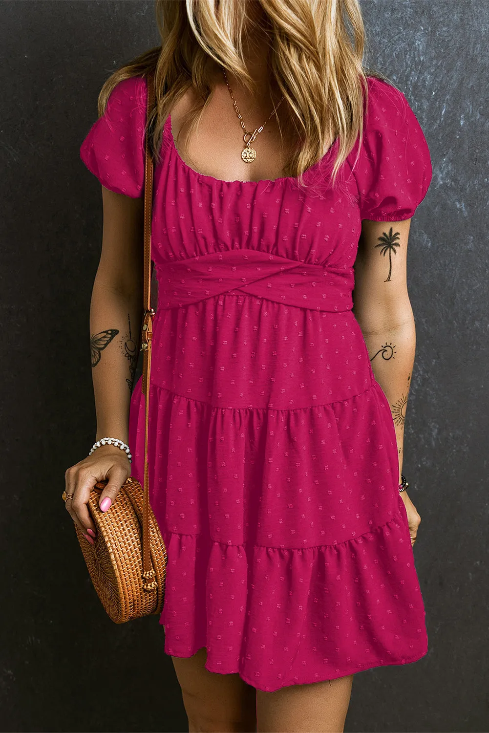 Puff Sleeve Crossover Tied Tiered Dress