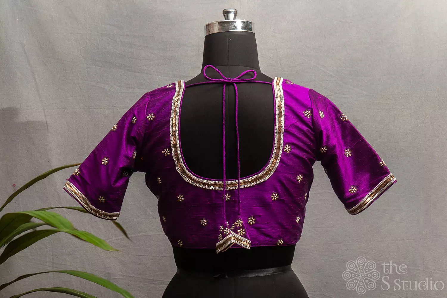 Purple embroidered raw silk blouse with neck pattern