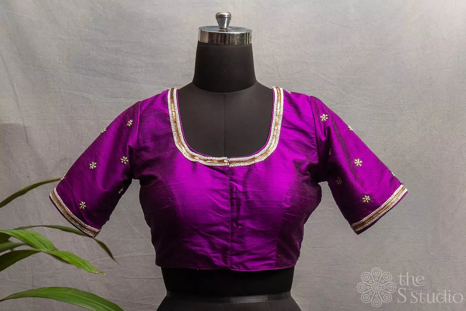 Purple embroidered raw silk blouse with neck pattern