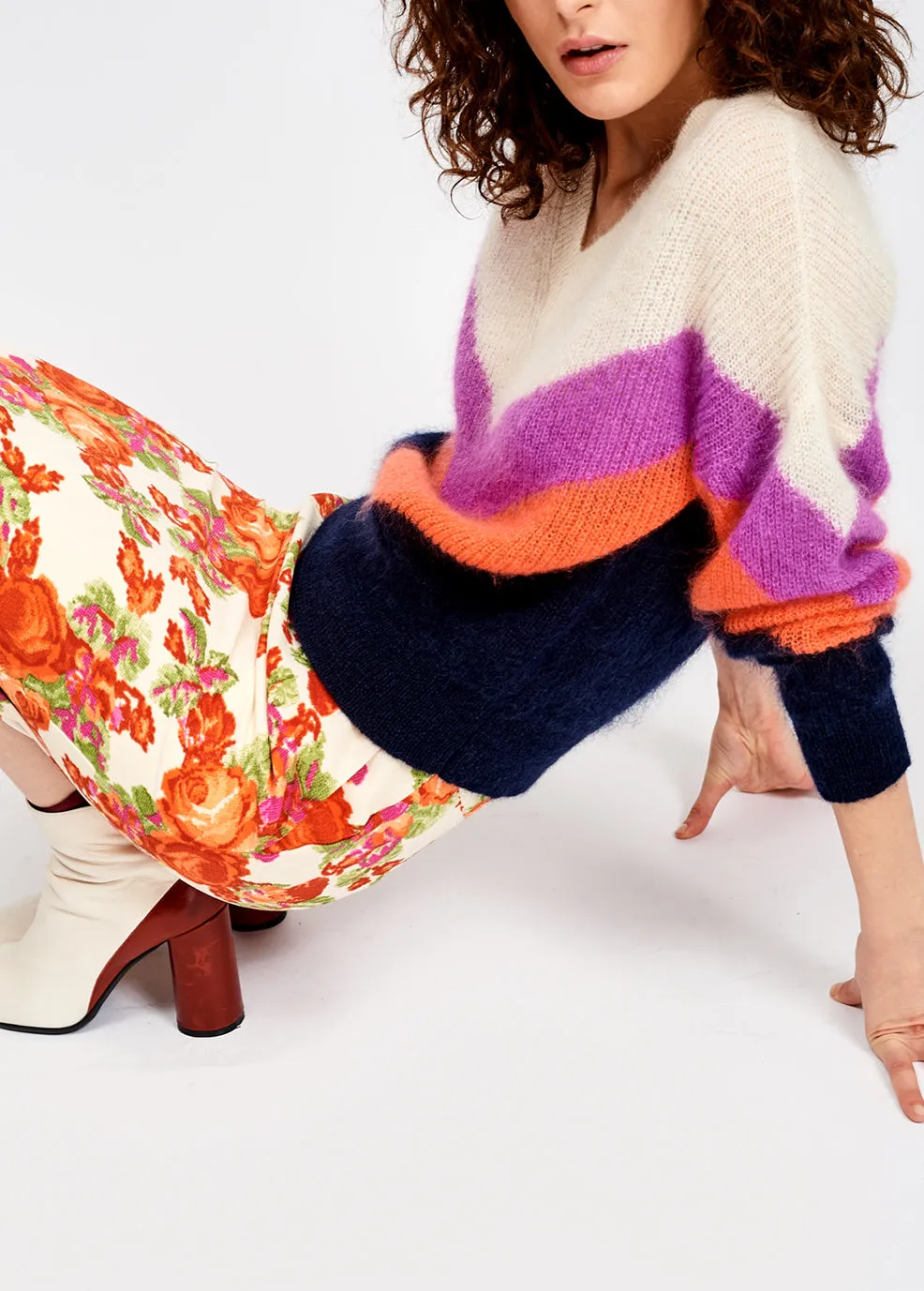 Purple, orange and black v pattern sweater
