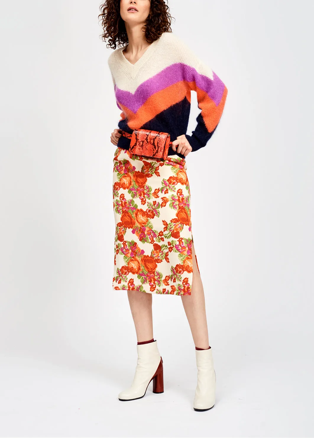 Purple, orange and black v pattern sweater