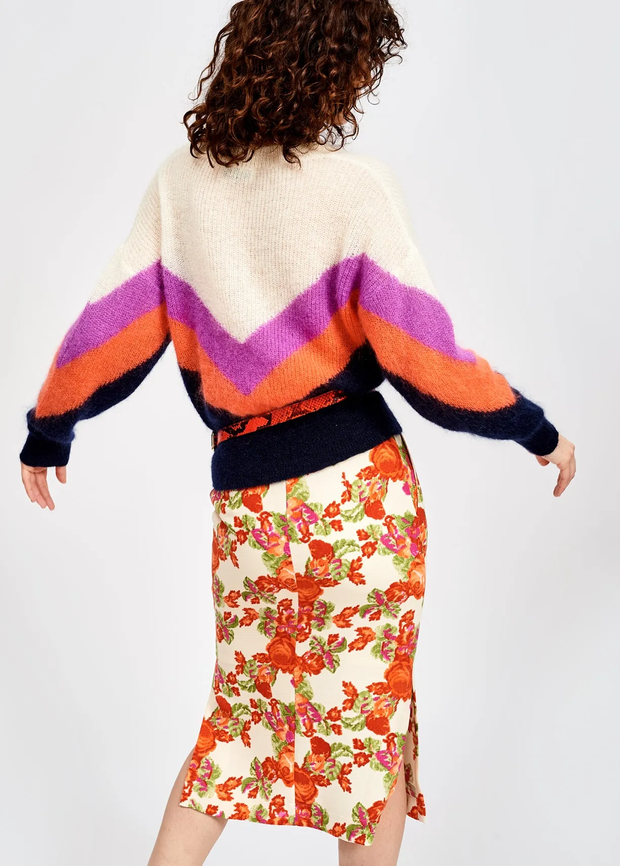 Purple, orange and black v pattern sweater
