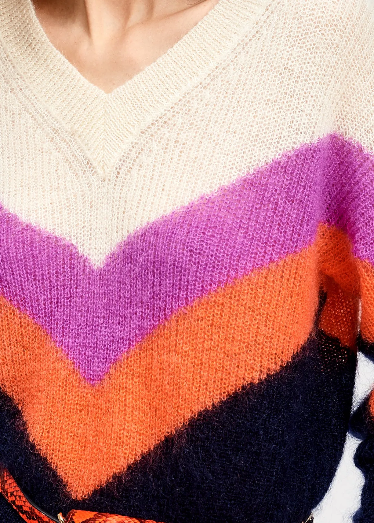 Purple, orange and black v pattern sweater