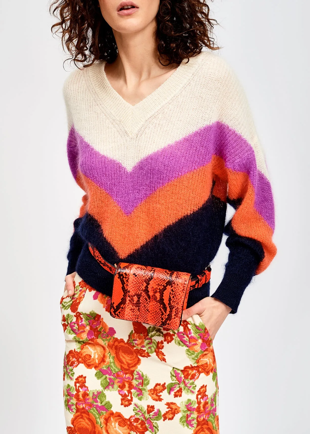 Purple, orange and black v pattern sweater