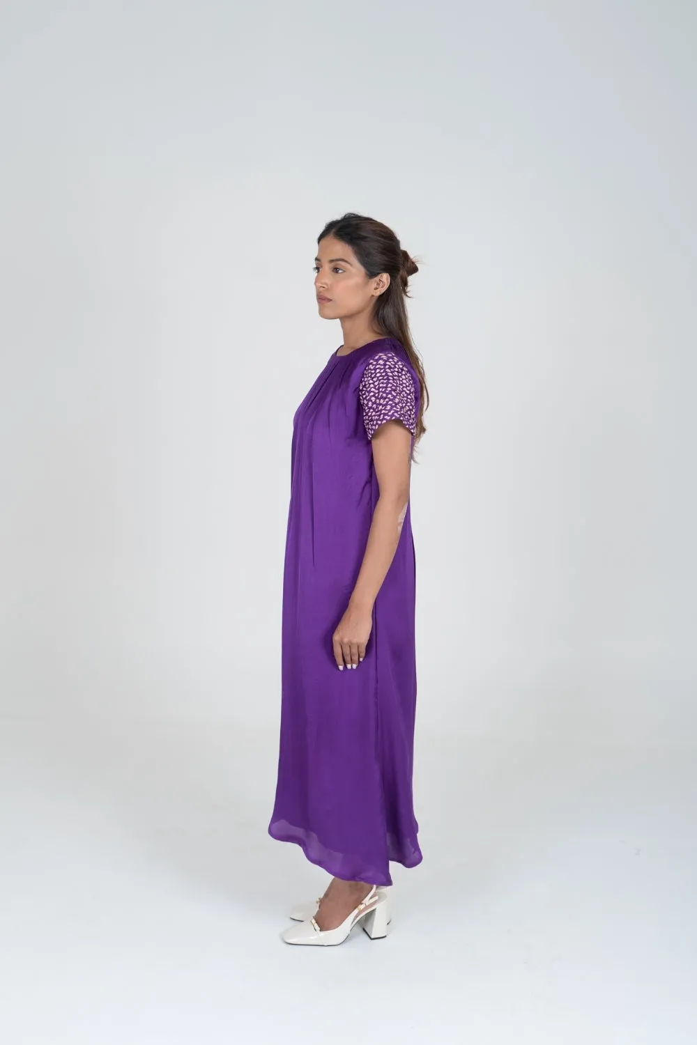 Purple-Pink Braided Sleeve Midi Dress