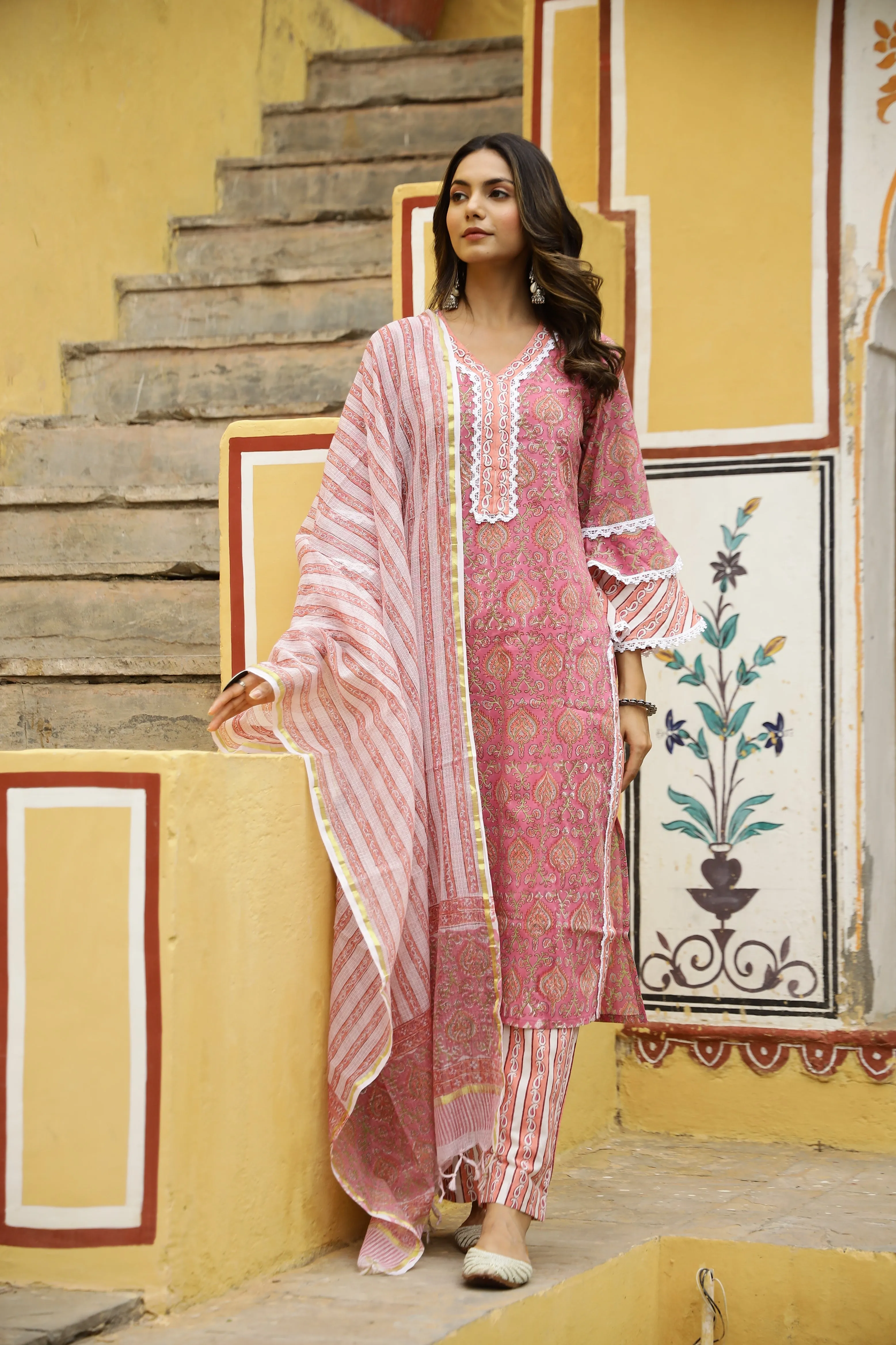 "Gulrang" Cotton Kurta Set with Kota Doria Dupatta(3pc)