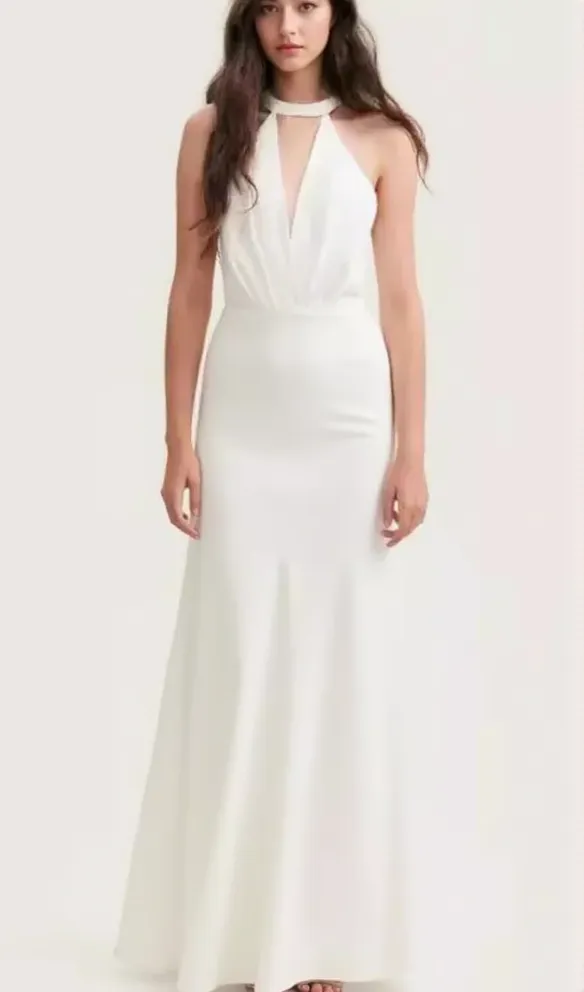 RACHEL WHITE HALTER SATIN BACK CUTOUT MAXI DRESS
