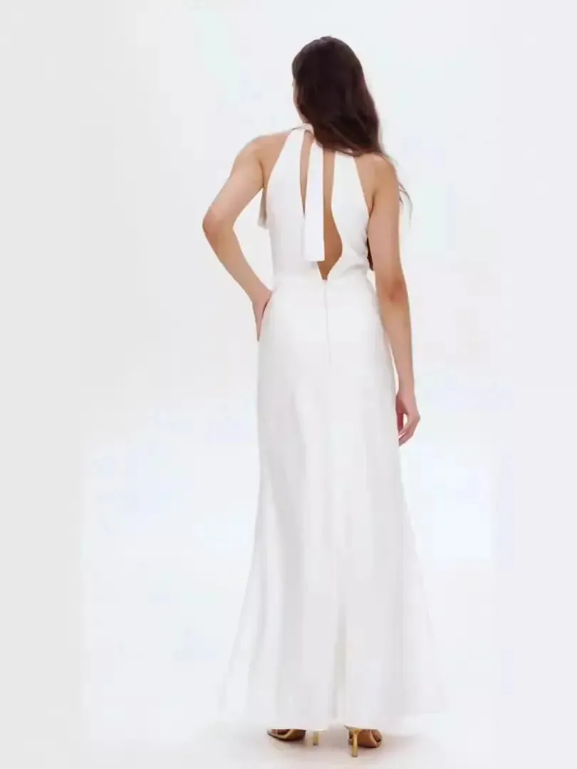 RACHEL WHITE HALTER SATIN BACK CUTOUT MAXI DRESS
