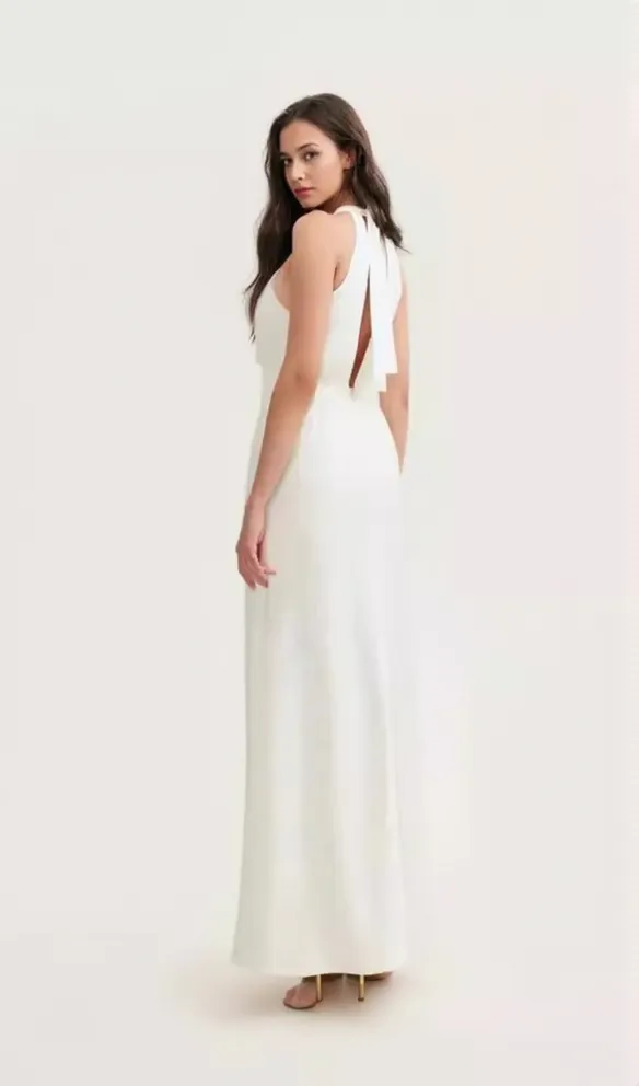 RACHEL WHITE HALTER SATIN BACK CUTOUT MAXI DRESS