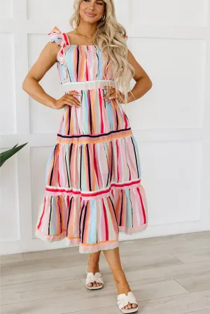 Rainbow Stripe Ruffles Tiered Dress