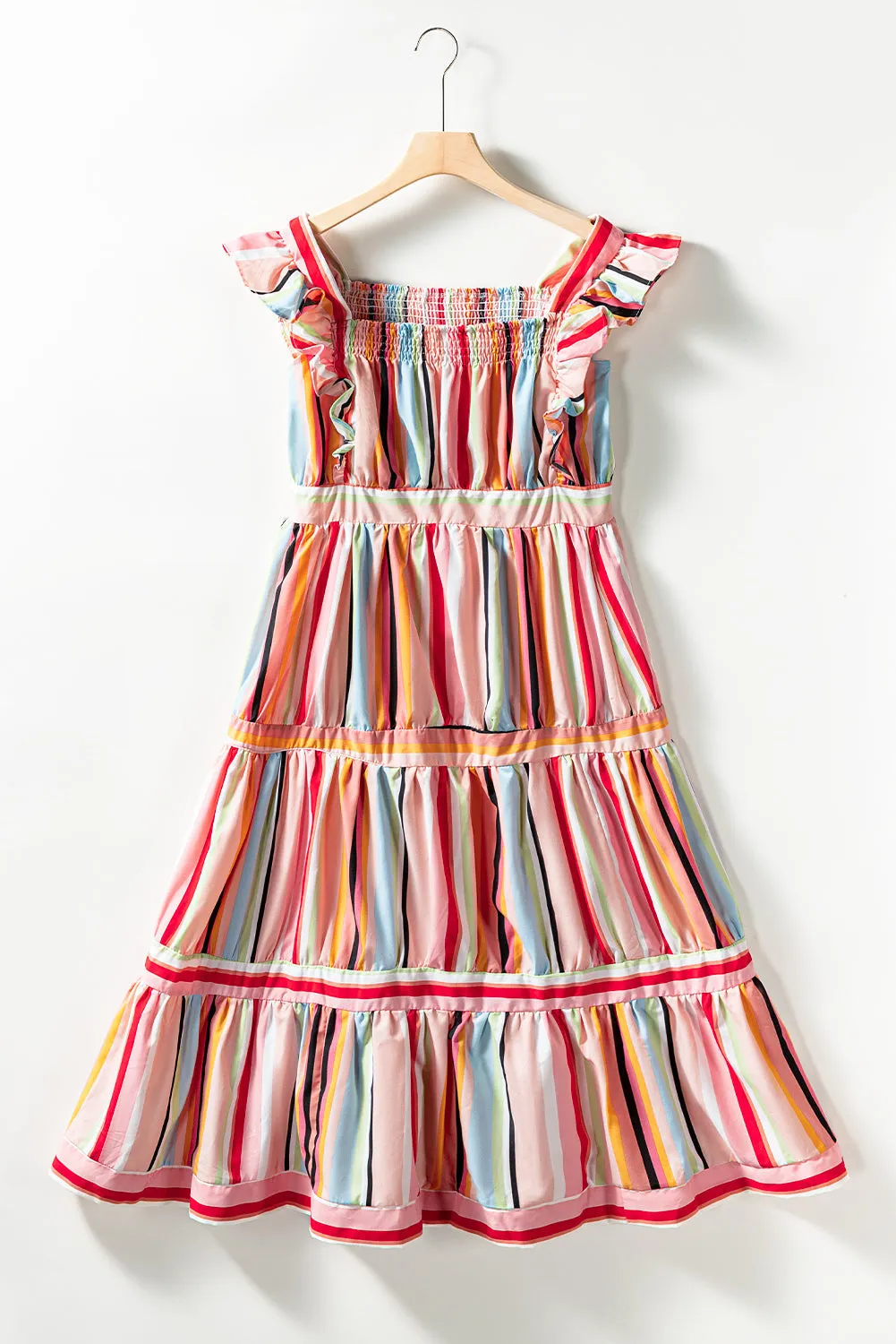 Rainbow Stripe Ruffles Tiered Dress