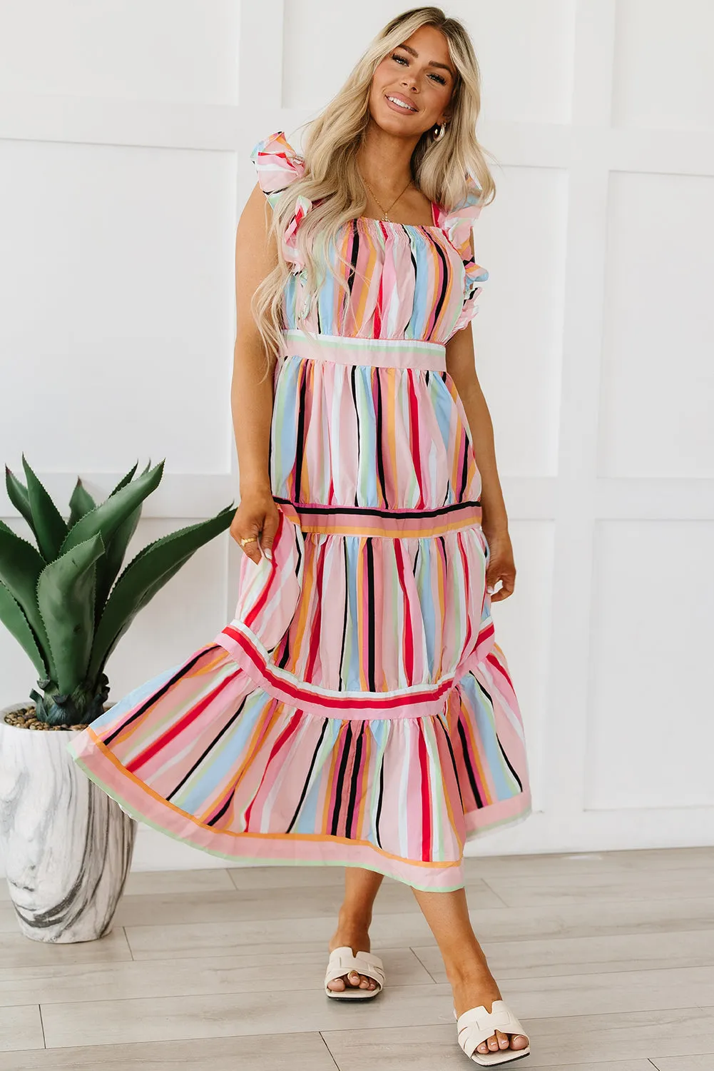 Rainbow Stripe Ruffles Tiered Dress