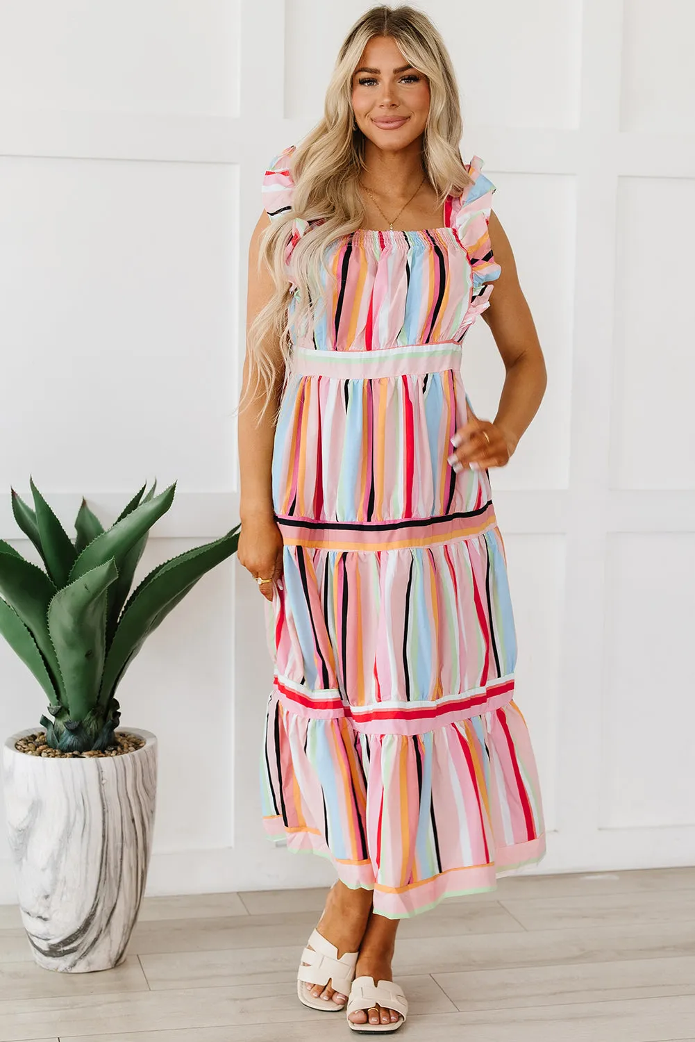 Rainbow Stripe Ruffles Tiered Dress
