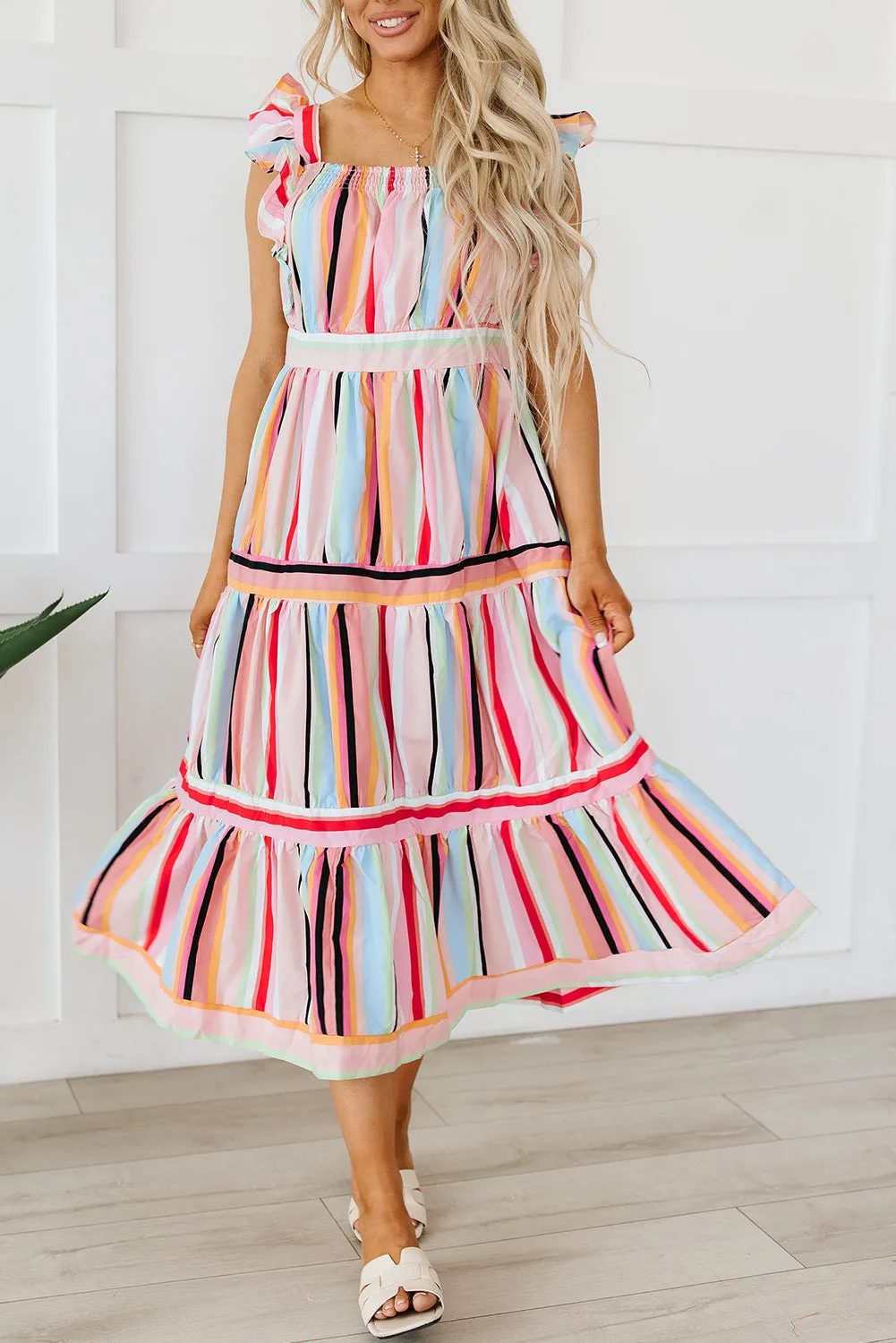 Rainbow Stripe Ruffles Tiered Dress