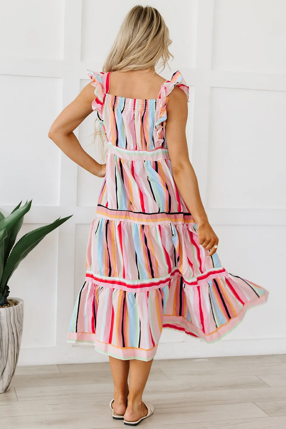 Rainbow Stripe Ruffles Tiered Dress