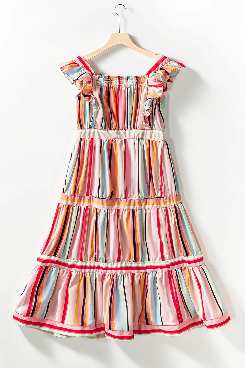 Rainbow Stripe Ruffles Tiered Dress
