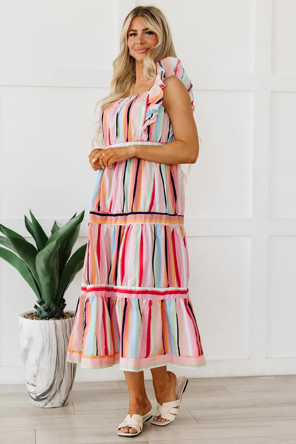 Rainbow Stripe Ruffles Tiered Dress