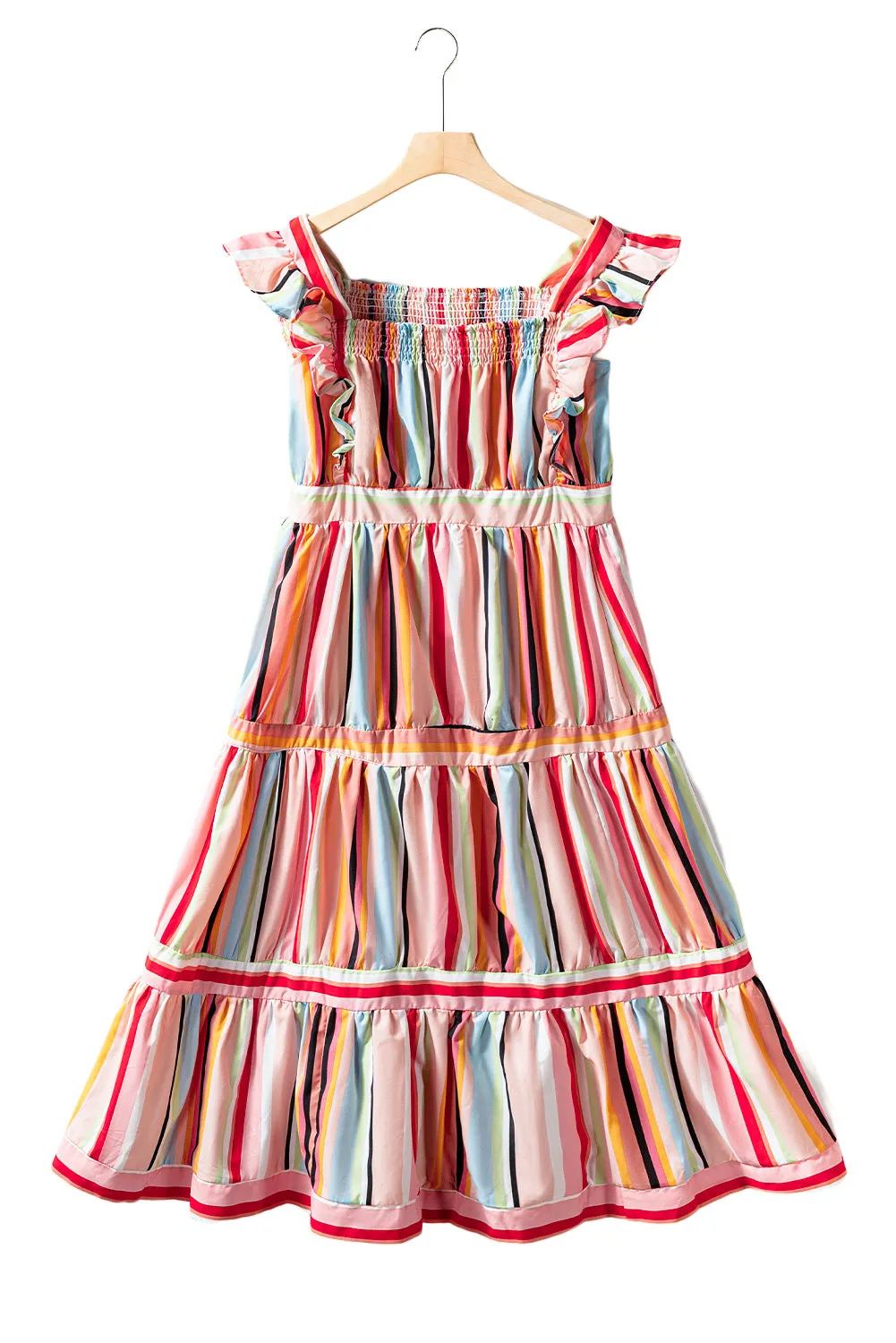 Rainbow Stripe Ruffles Tiered Dress