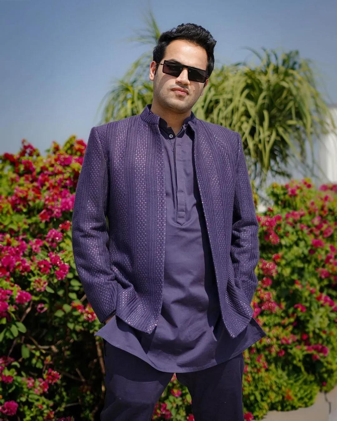 Raj Shamani in our Ikhara - Navy Blue Chikankari Jacket Set