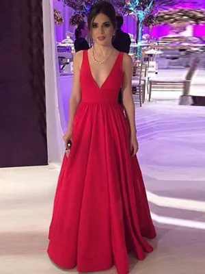 Red A Line V Neck Backless Long Prom, V Neck Red Formal, Red Evening Graduation