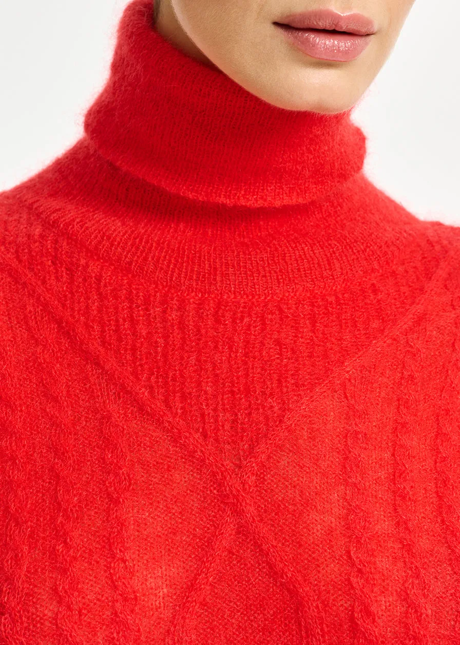 Red cable-knitted turtleneck sweater