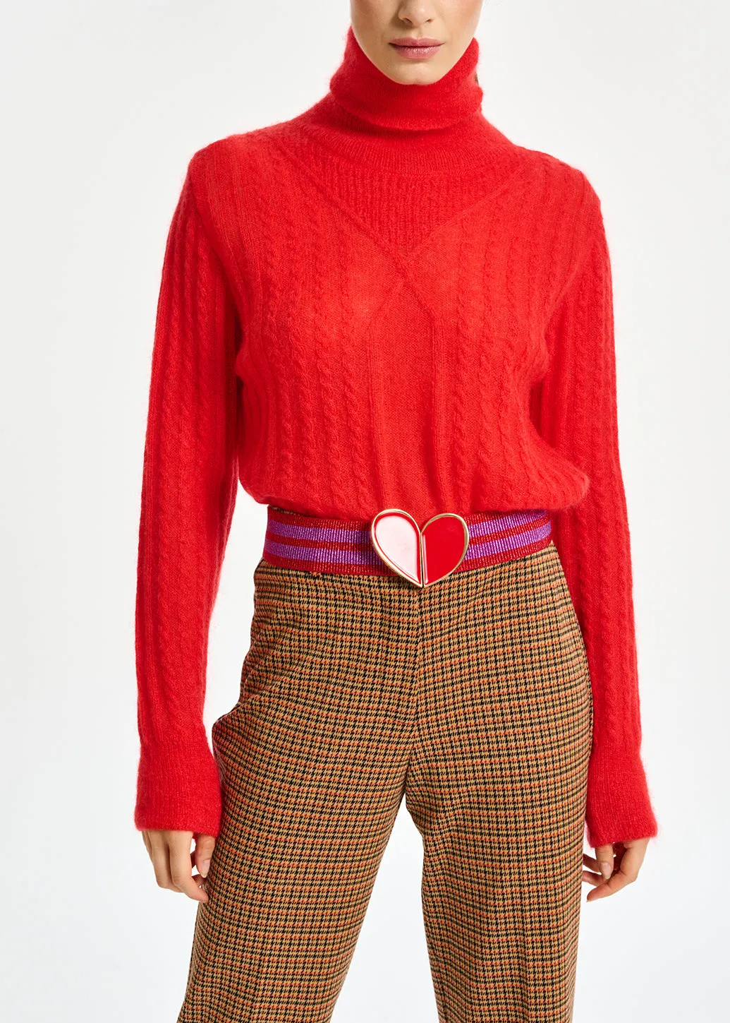 Red cable-knitted turtleneck sweater
