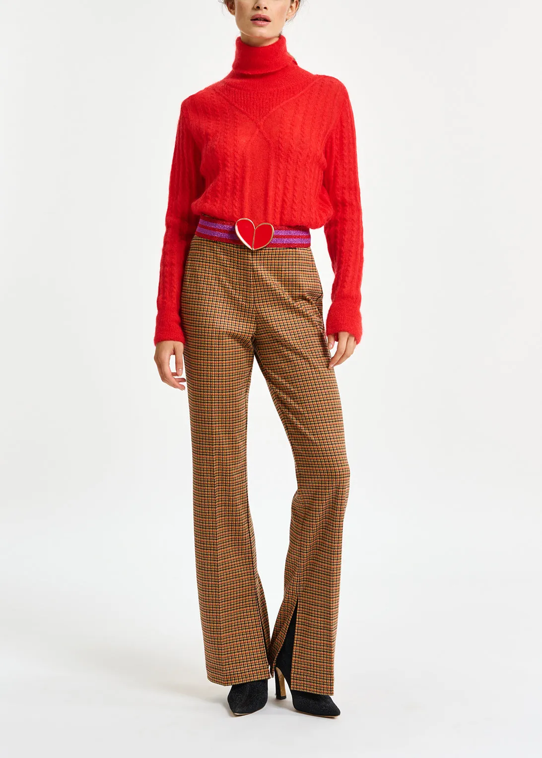 Red cable-knitted turtleneck sweater