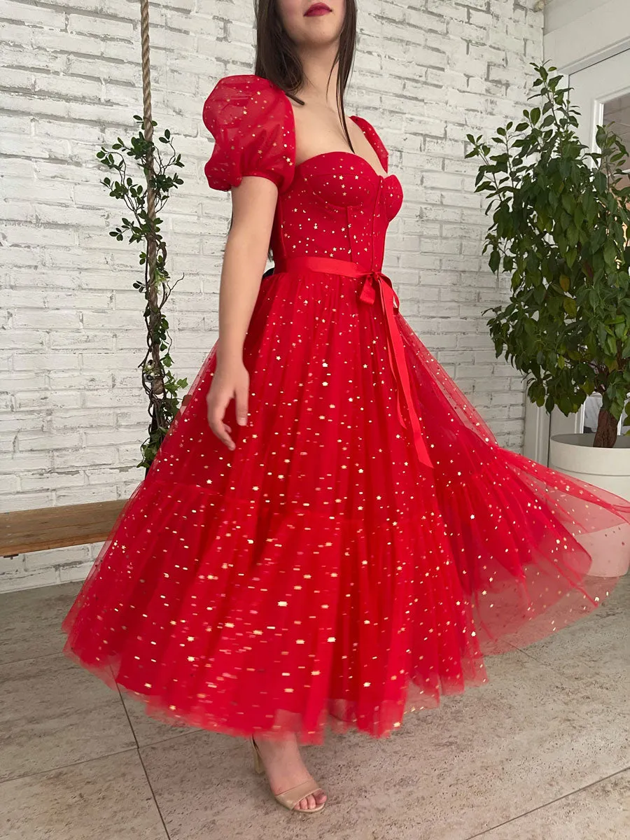 Red tulle tea length prom dress, red evening dress
