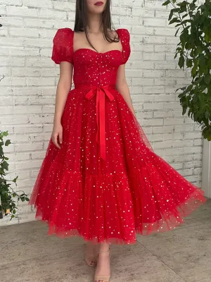Red tulle tea length prom dress, red evening dress