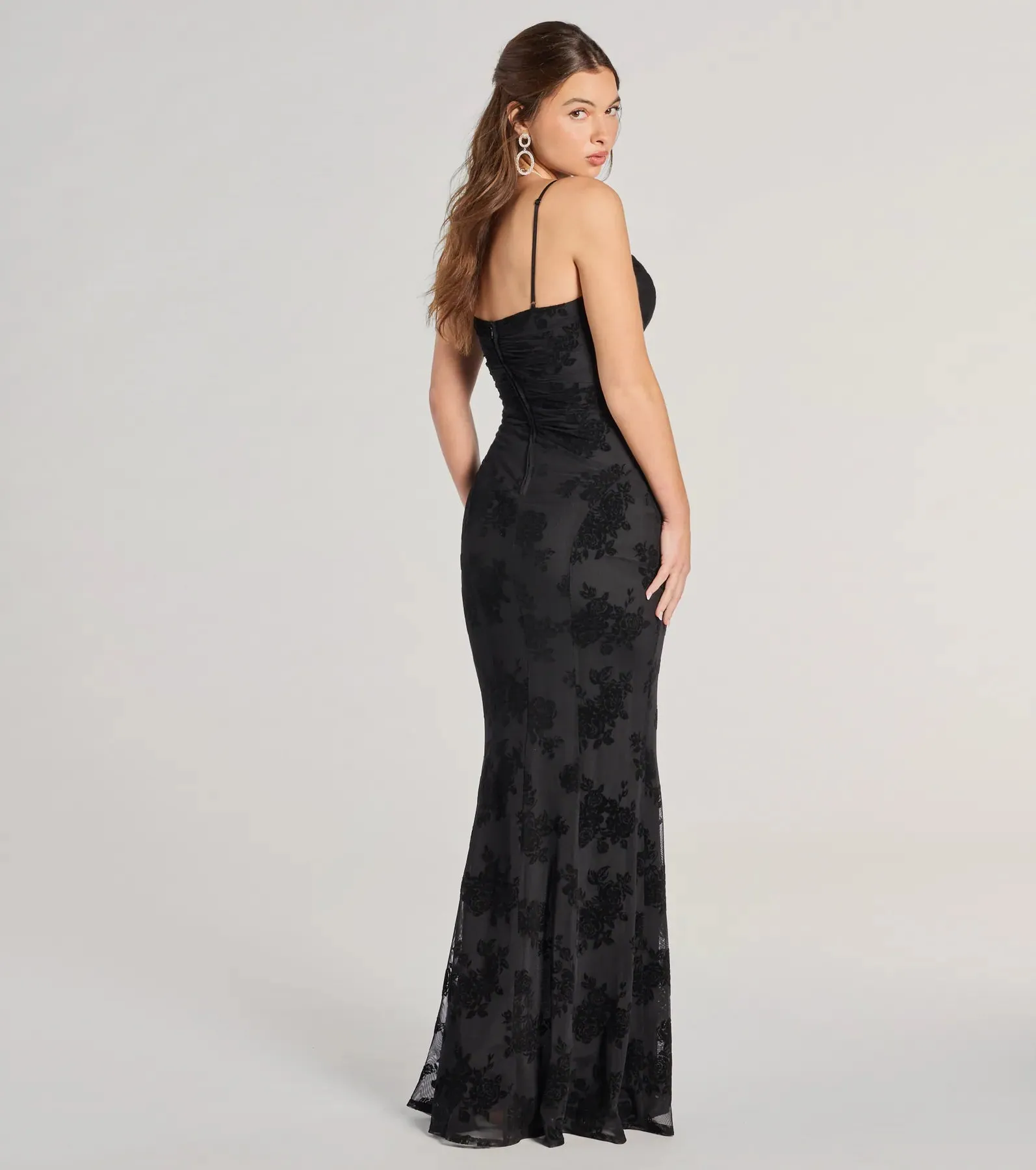 Ria Flocked Floral Velvet Formal Column Dress