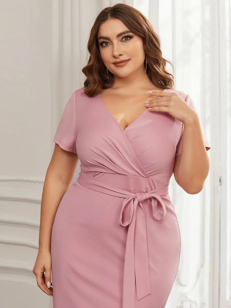 Robe décontractée fourreau à col en V et à taille nouée à manches courtes(Vente finale)