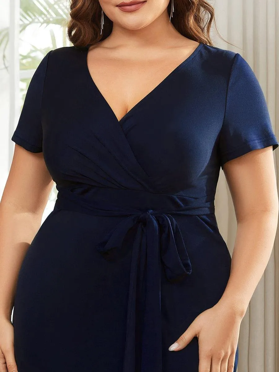 Robe décontractée fourreau à col en V et à taille nouée à manches courtes(Vente finale)