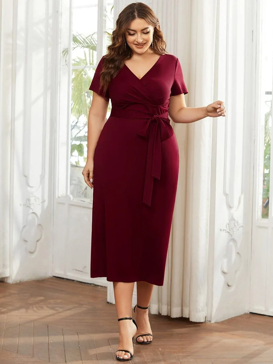 Robe décontractée fourreau à col en V et à taille nouée à manches courtes(Vente finale)