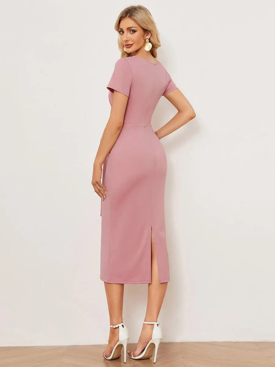 Robe décontractée fourreau à col en V et à taille nouée à manches courtes(Vente finale)