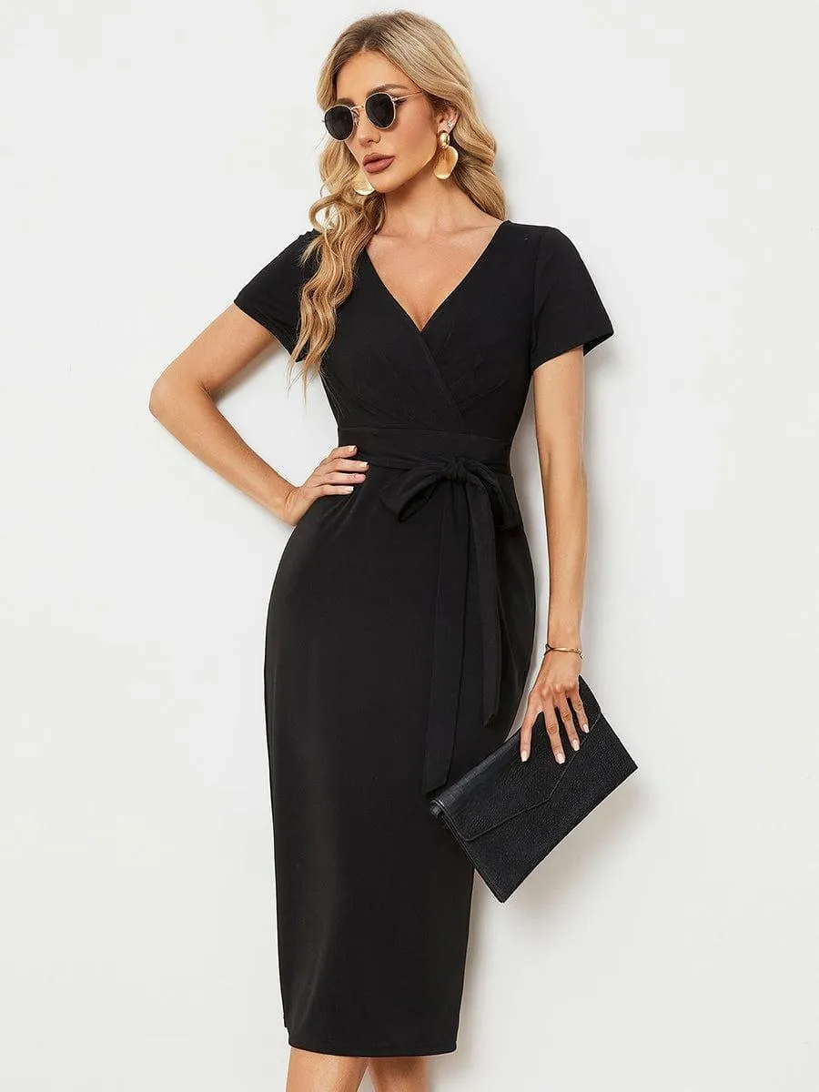 Robe décontractée fourreau à col en V et à taille nouée à manches courtes(Vente finale)