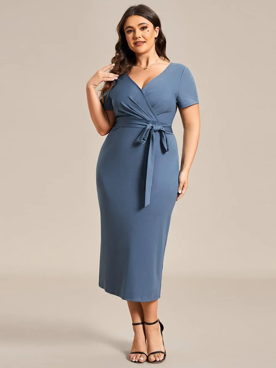 Robe décontractée fourreau à col en V et à taille nouée à manches courtes(Vente finale)